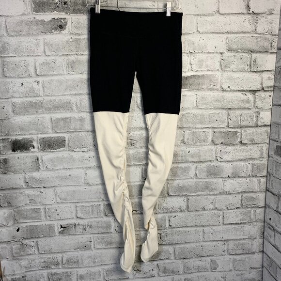 Alo Yoga High Waisted Goddess Leggings Black Off White Ribbed Ruched Pant - Picture 1 of 12